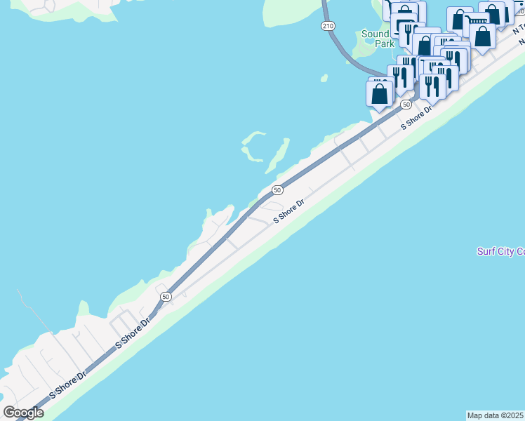 map of restaurants, bars, coffee shops, grocery stores, and more near 226 Lazy Day Drive in Surf City