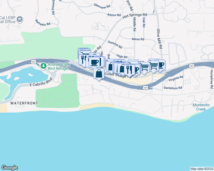 map of restaurants, bars, coffee shops, grocery stores, and more near 87 Butterfly Lane in Montecito