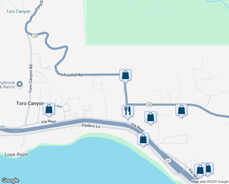 map of restaurants, bars, coffee shops, grocery stores, and more near Foothill Road in Carpinteria