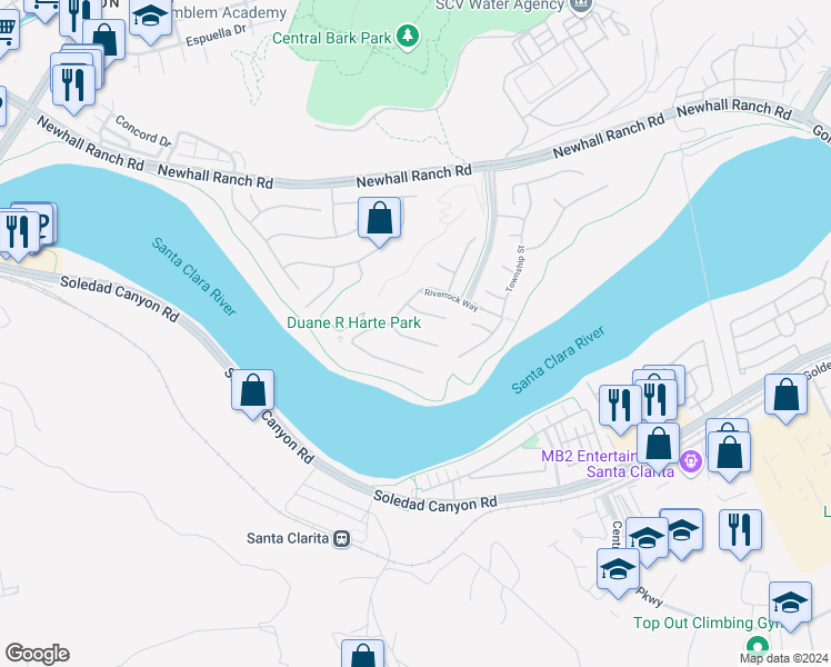 map of restaurants, bars, coffee shops, grocery stores, and more near 22491 Leaf Spring Court in Santa Clarita
