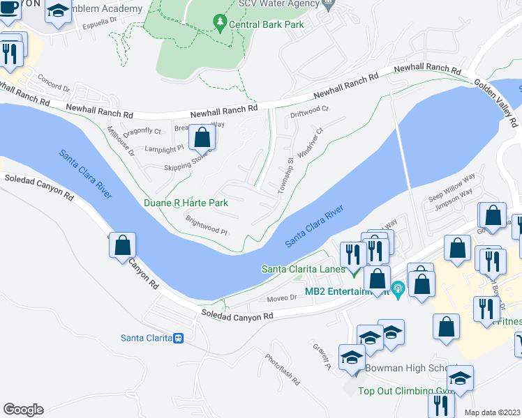 map of restaurants, bars, coffee shops, grocery stores, and more near 22388 Copper Mountain Court in Santa Clarita