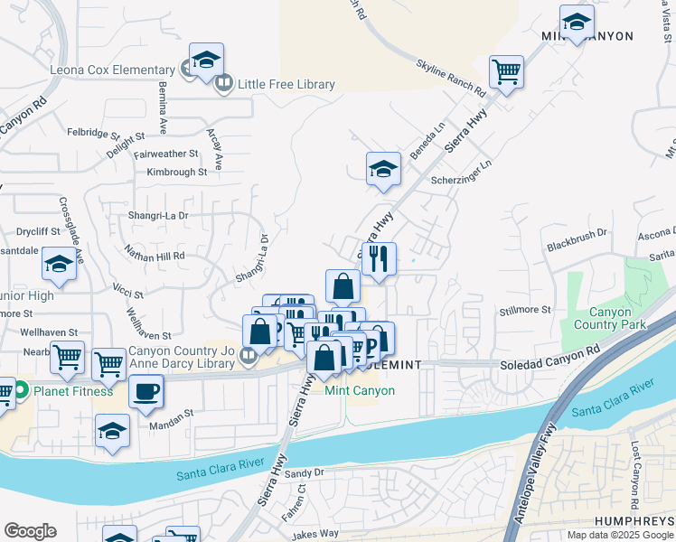 map of restaurants, bars, coffee shops, grocery stores, and more near 18319 Sierra Highway in Santa Clarita