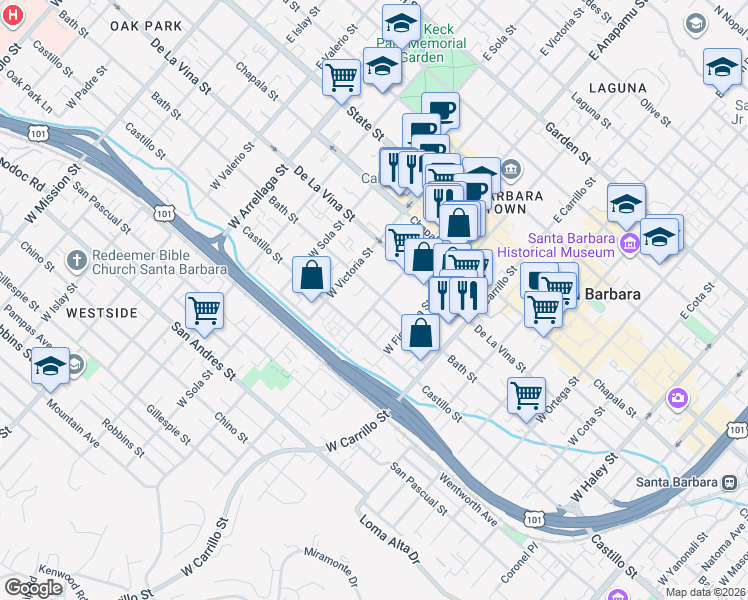 map of restaurants, bars, coffee shops, grocery stores, and more near 223 West Anapamu Street in Santa Barbara
