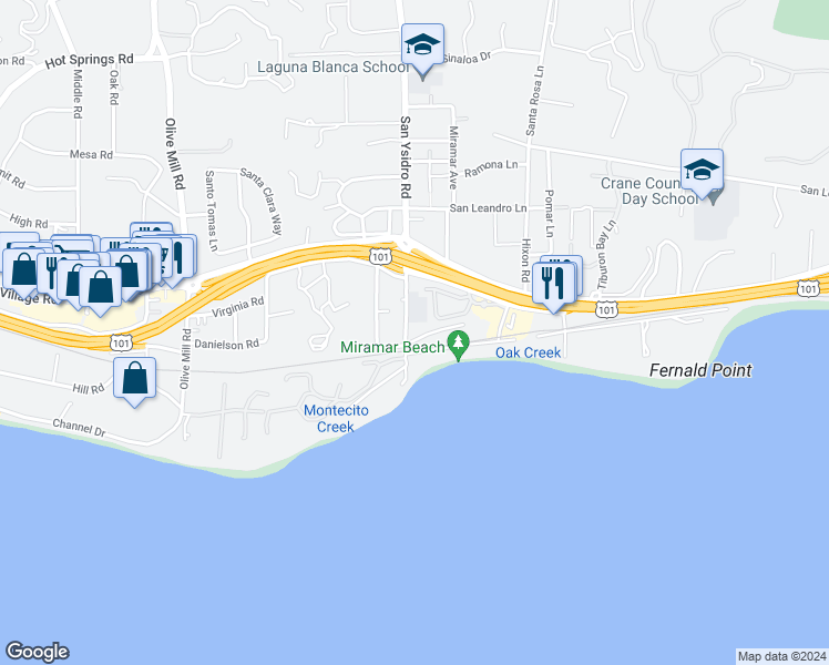 map of restaurants, bars, coffee shops, grocery stores, and more near 1 Miramar Avenue in Montecito