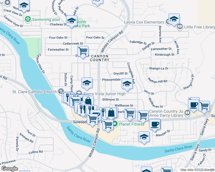 map of restaurants, bars, coffee shops, grocery stores, and more near 27416 Dewdrop Avenue in Santa Clarita