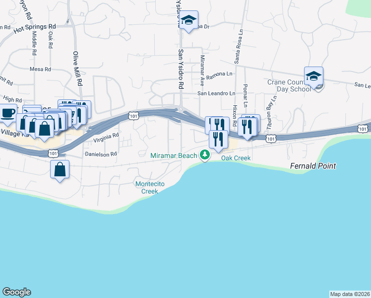 map of restaurants, bars, coffee shops, grocery stores, and more near 1 Miramar Avenue in Montecito