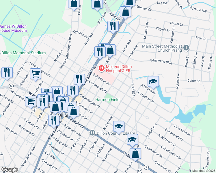 map of restaurants, bars, coffee shops, grocery stores, and more near 400-498 East Jackson Street in Dillon
