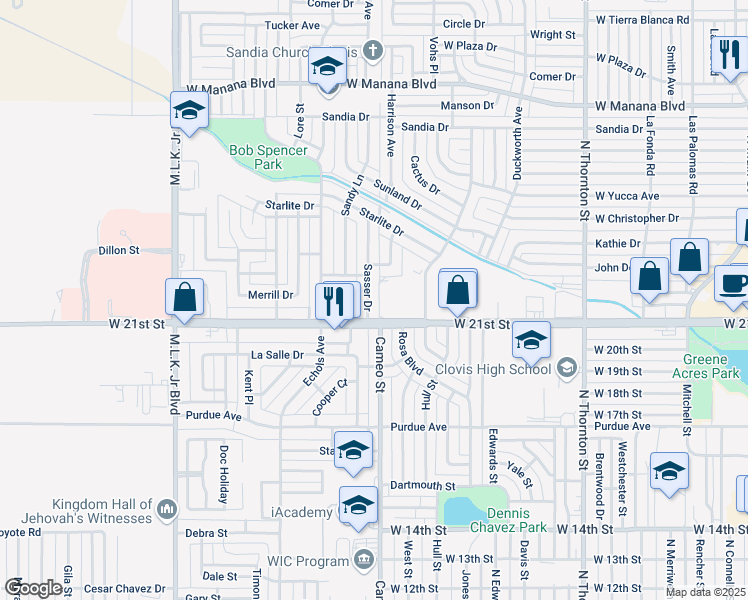map of restaurants, bars, coffee shops, grocery stores, and more near 1400 West 21st Street in Clovis