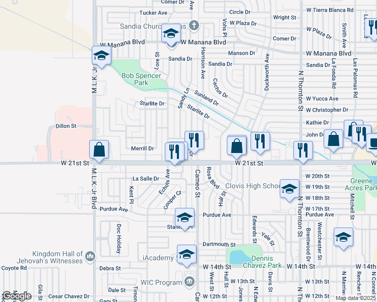 map of restaurants, bars, coffee shops, grocery stores, and more near 124 Sasser Drive in Clovis