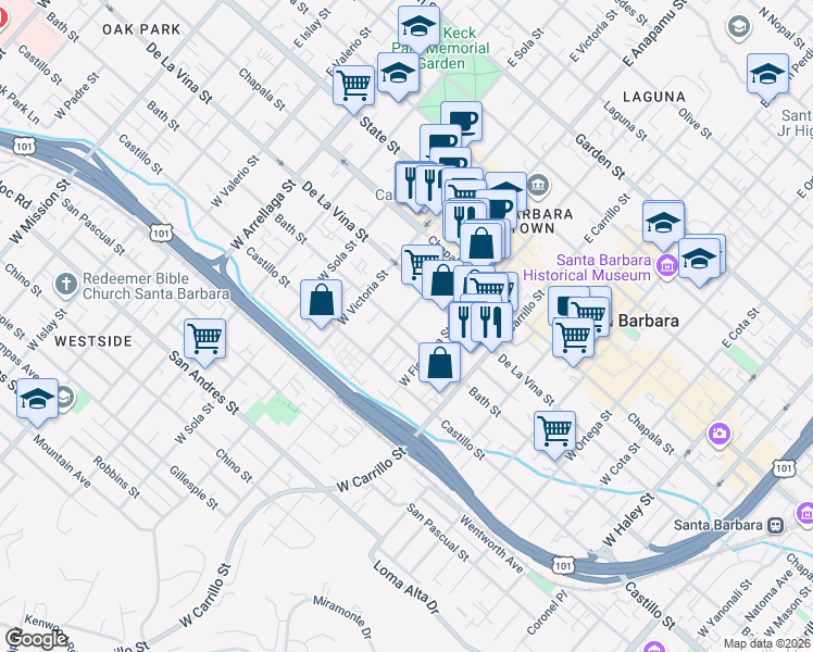 map of restaurants, bars, coffee shops, grocery stores, and more near 223 West Anapamu Street in Santa Barbara