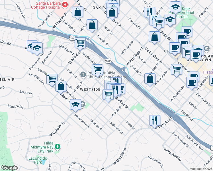 map of restaurants, bars, coffee shops, grocery stores, and more near 630 West Arrellaga Street in Santa Barbara
