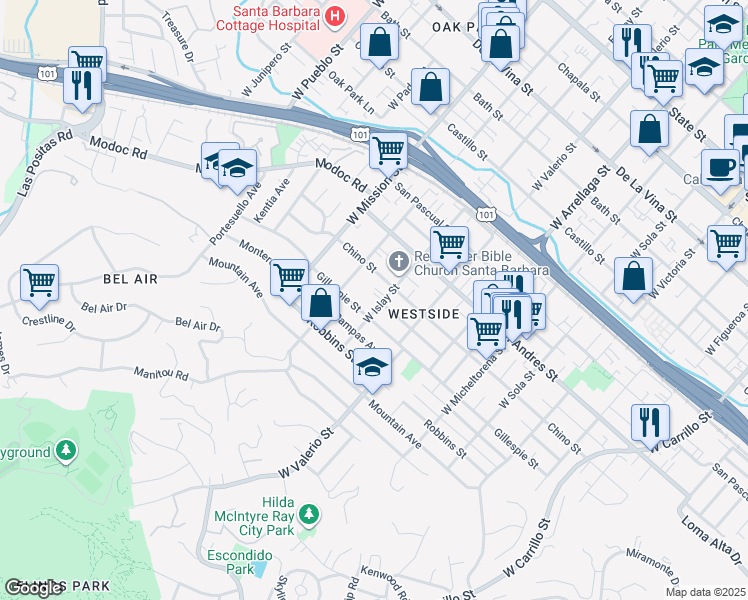 map of restaurants, bars, coffee shops, grocery stores, and more near 819 West Pedregosa Street in Santa Barbara