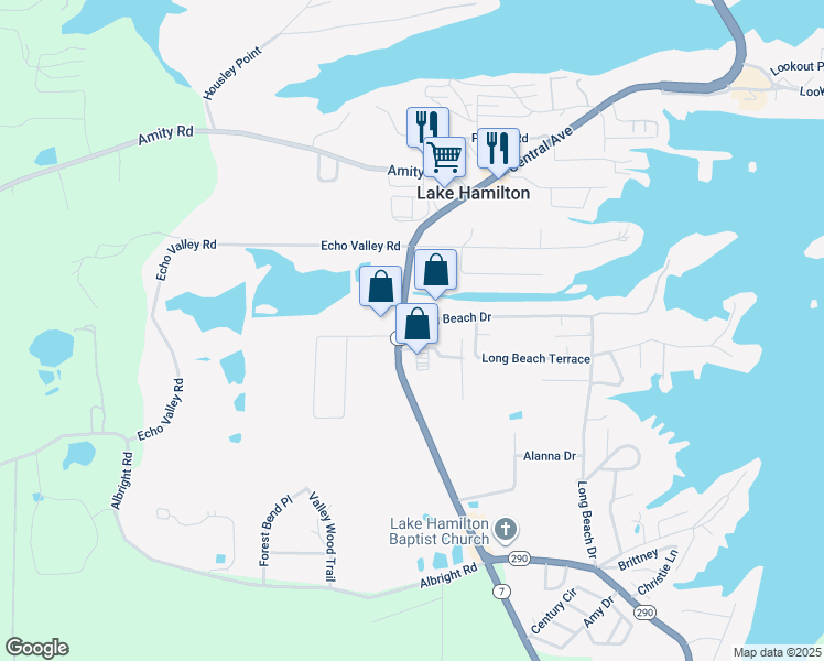 map of restaurants, bars, coffee shops, grocery stores, and more near 10 Long Beach Drive in Lake Hamilton