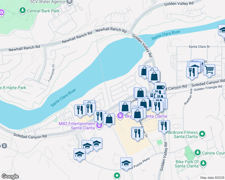 map of restaurants, bars, coffee shops, grocery stores, and more near 21315 Jimpson Way in Santa Clarita