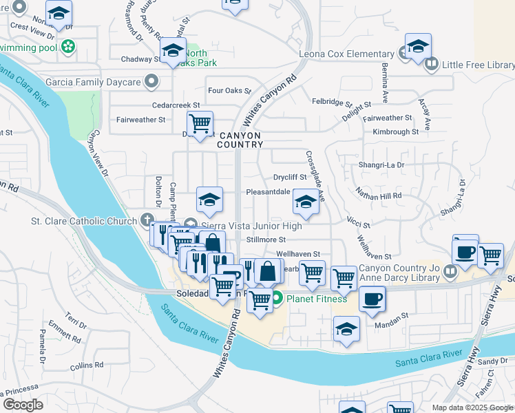 map of restaurants, bars, coffee shops, grocery stores, and more near 27416 Dewdrop Avenue in Santa Clarita