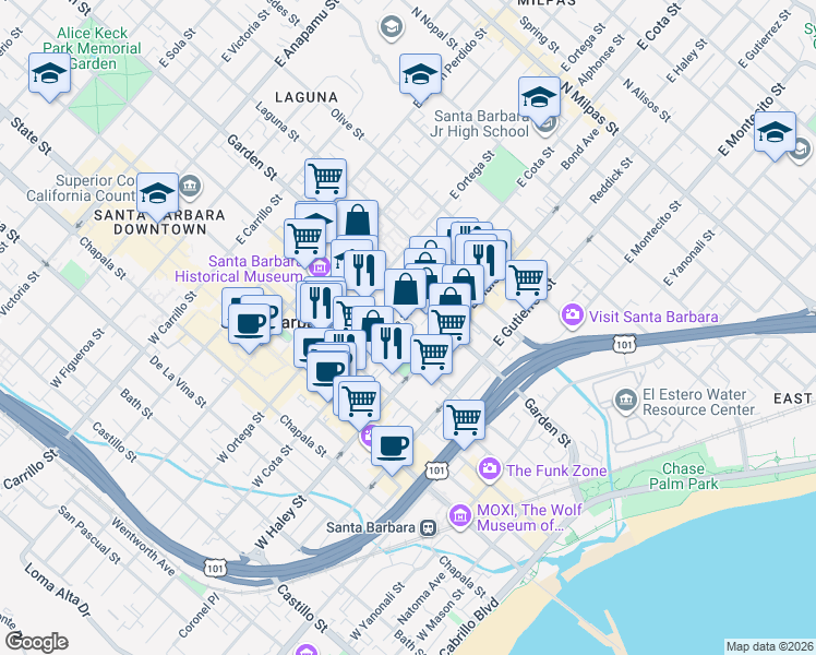 map of restaurants, bars, coffee shops, grocery stores, and more near 221 East Cota Street in Santa Barbara