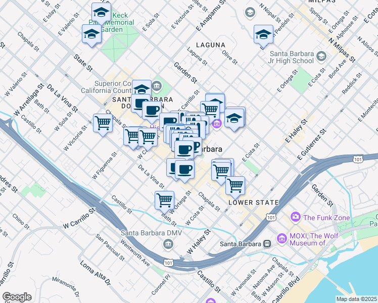 map of restaurants, bars, coffee shops, grocery stores, and more near 740 State Street in Santa Barbara