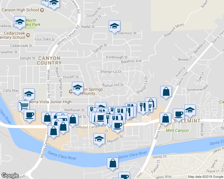 map of restaurants, bars, coffee shops, grocery stores, and more near 27510 Midas Lane in Santa Clarita