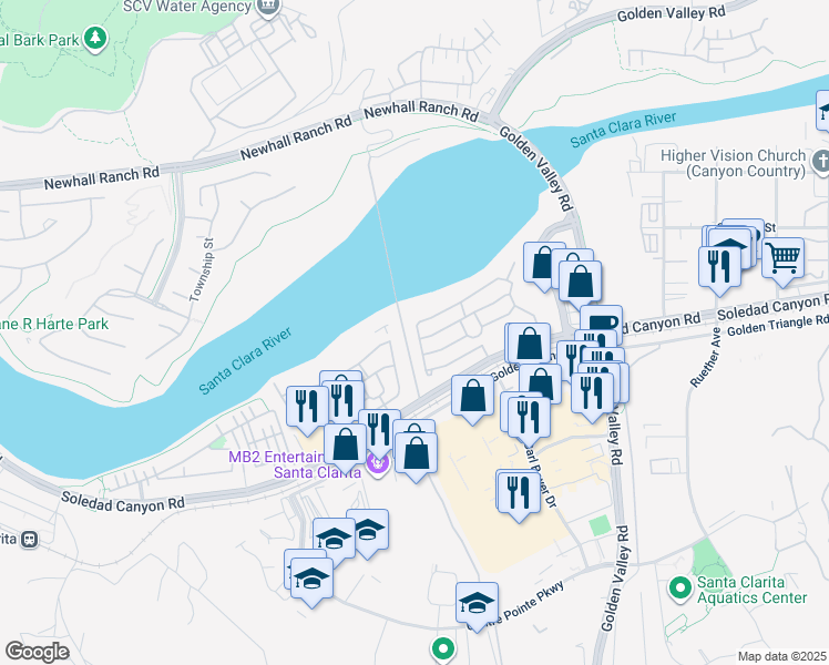 map of restaurants, bars, coffee shops, grocery stores, and more near 26521 North Cocklebur Lane in Santa Clarita