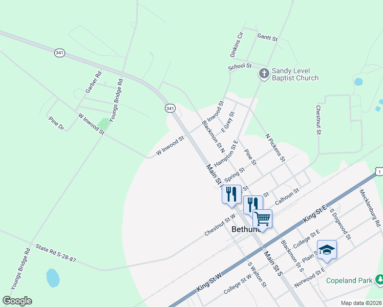 map of restaurants, bars, coffee shops, grocery stores, and more near 603 Main Street North in Bethune