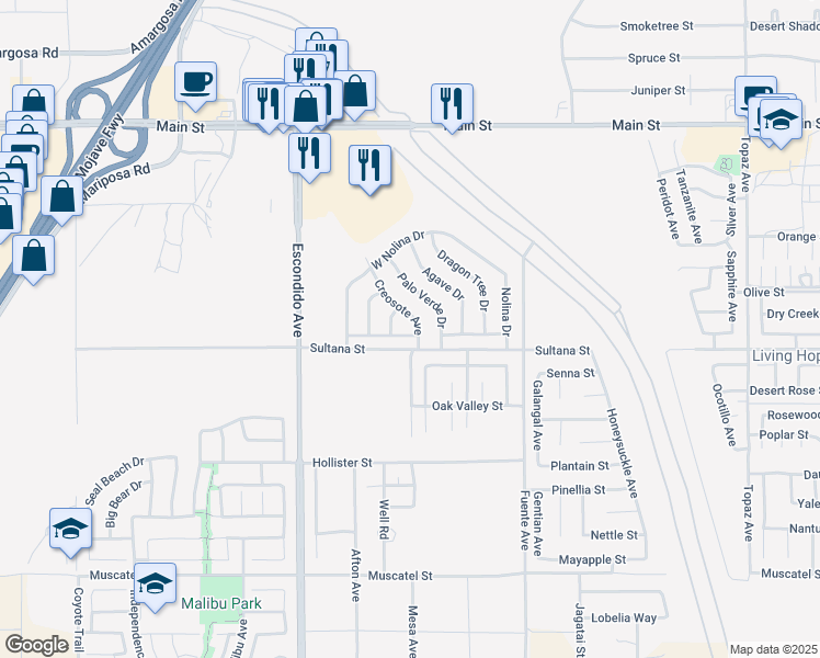 map of restaurants, bars, coffee shops, grocery stores, and more near 13498 Bentwood Street in Hesperia