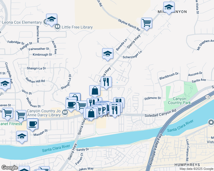 map of restaurants, bars, coffee shops, grocery stores, and more near 18145 Sundowner Way in Santa Clarita