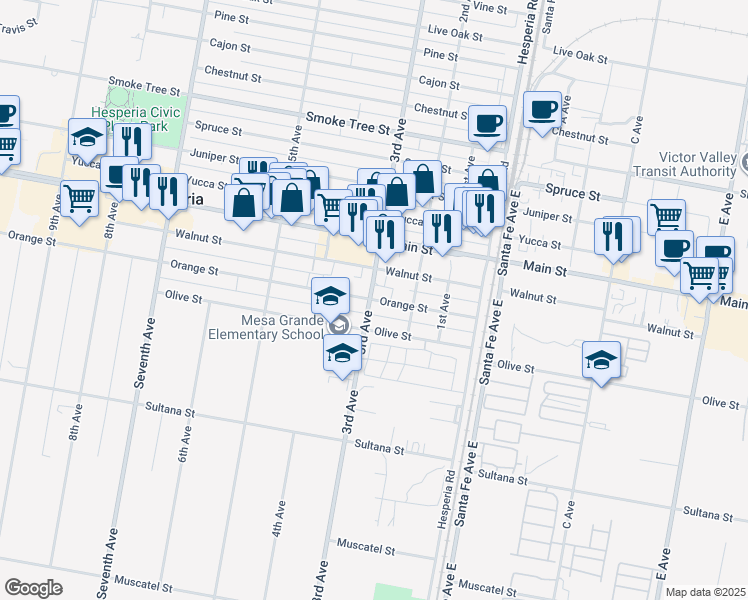 map of restaurants, bars, coffee shops, grocery stores, and more near in Hesperia