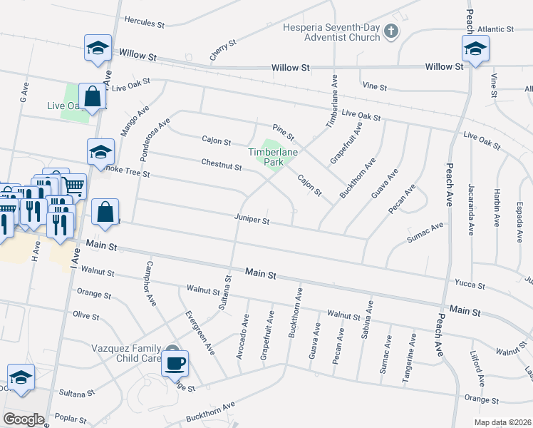 map of restaurants, bars, coffee shops, grocery stores, and more near 17936 Juniper Court in Hesperia