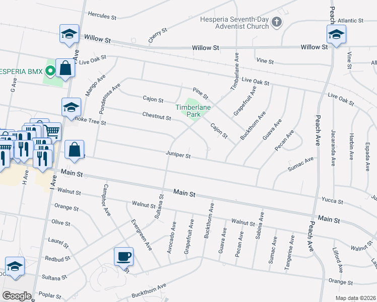map of restaurants, bars, coffee shops, grocery stores, and more near 16370 Juniper Street in Hesperia