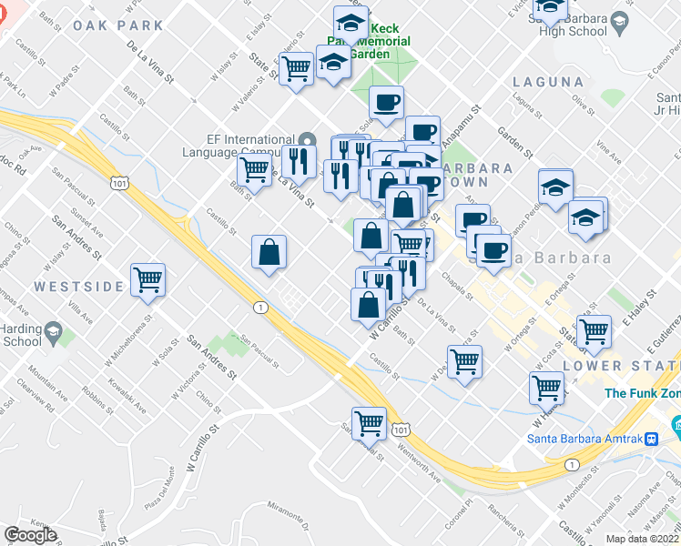 map of restaurants, bars, coffee shops, grocery stores, and more near 223 West Anapamu Street in Santa Barbara