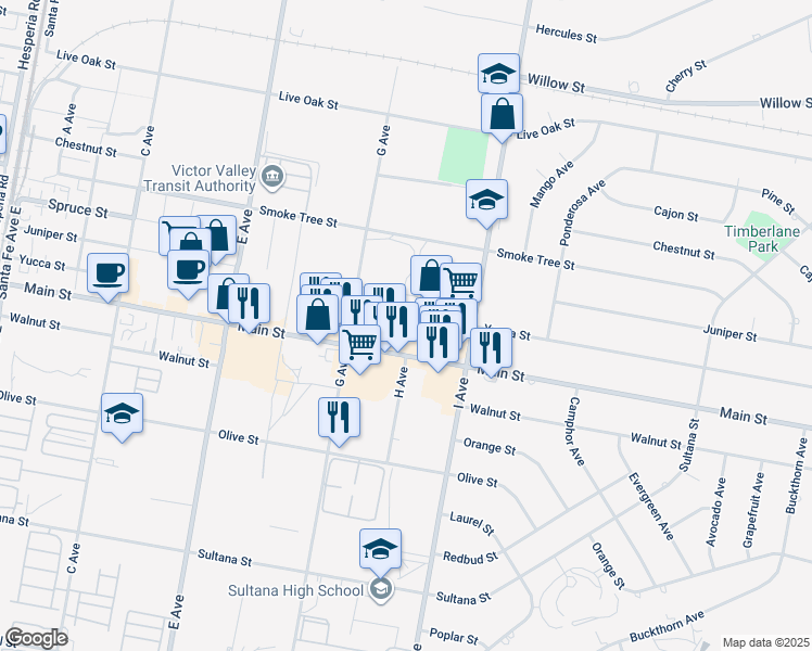 map of restaurants, bars, coffee shops, grocery stores, and more near H Avenue in Hesperia