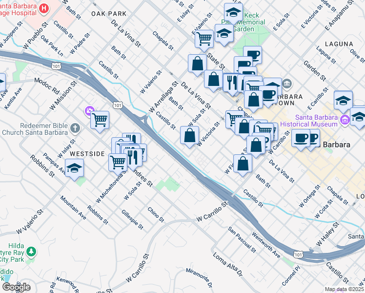 map of restaurants, bars, coffee shops, grocery stores, and more near 1322 Euclid Avenue in Santa Barbara