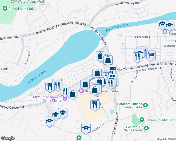 map of restaurants, bars, coffee shops, grocery stores, and more near 21212 Jimpson Way in Santa Clarita