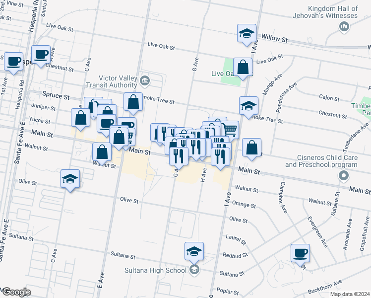 map of restaurants, bars, coffee shops, grocery stores, and more near 9297 G Avenue in Hesperia