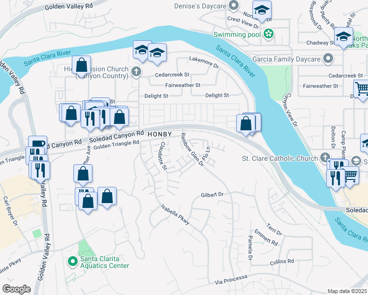 map of restaurants, bars, coffee shops, grocery stores, and more near 26941 Rainbow Glen Drive in Santa Clarita