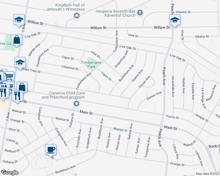 map of restaurants, bars, coffee shops, grocery stores, and more near 9290 Buckthorn Avenue in Hesperia