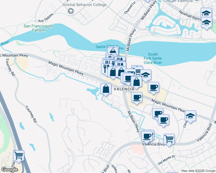 map of restaurants, bars, coffee shops, grocery stores, and more near 24595 Town Center Drive in Santa Clarita