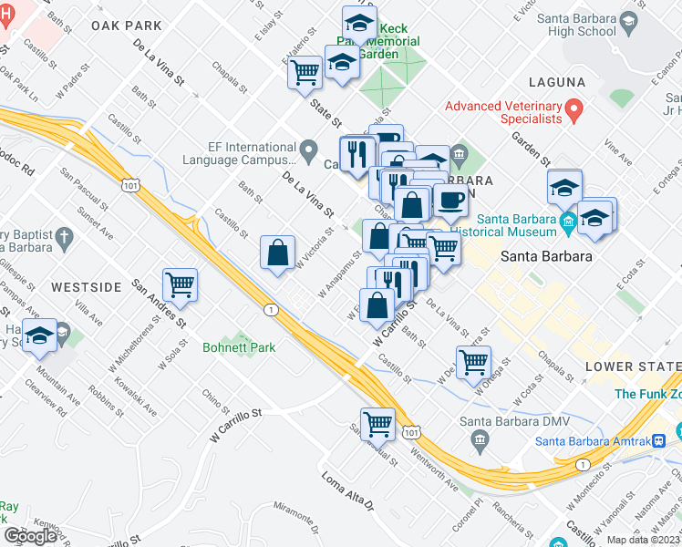 map of restaurants, bars, coffee shops, grocery stores, and more near Bath St & W Anapamu St in Santa Barbara