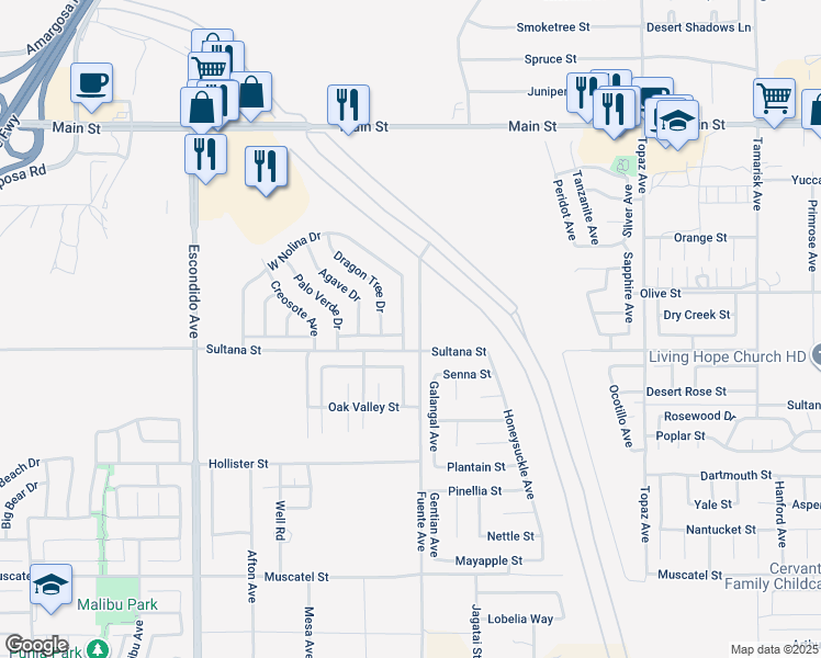map of restaurants, bars, coffee shops, grocery stores, and more near 9323 Nolina Drive in Hesperia