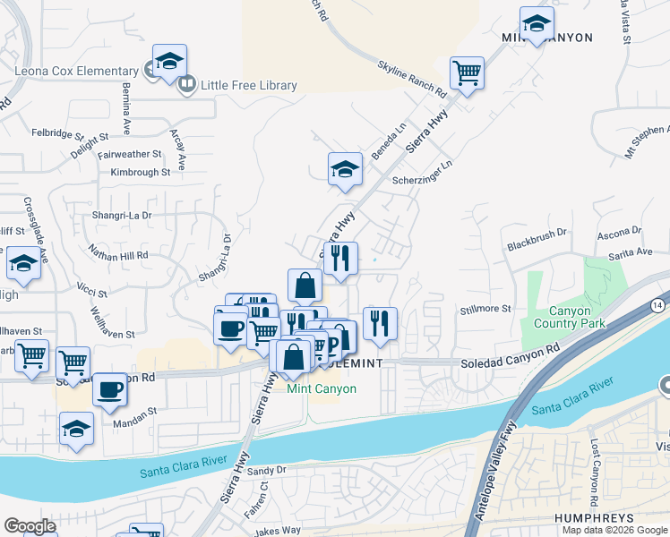 map of restaurants, bars, coffee shops, grocery stores, and more near 18122 Sundowner Way in Santa Clarita