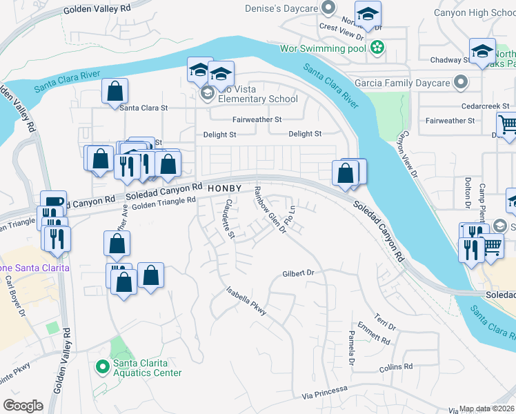 map of restaurants, bars, coffee shops, grocery stores, and more near 26941 Rainbow Glen Drive in Santa Clarita