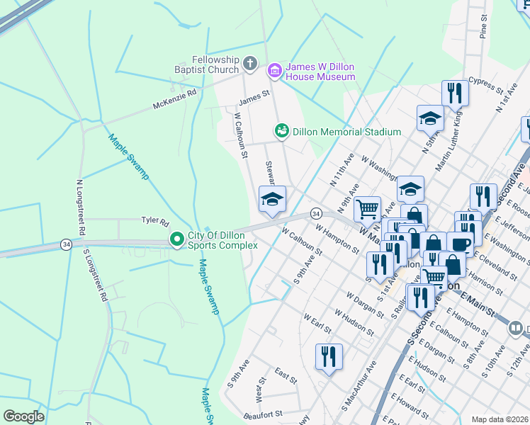 map of restaurants, bars, coffee shops, grocery stores, and more near 111 Stewart Street in Dillon