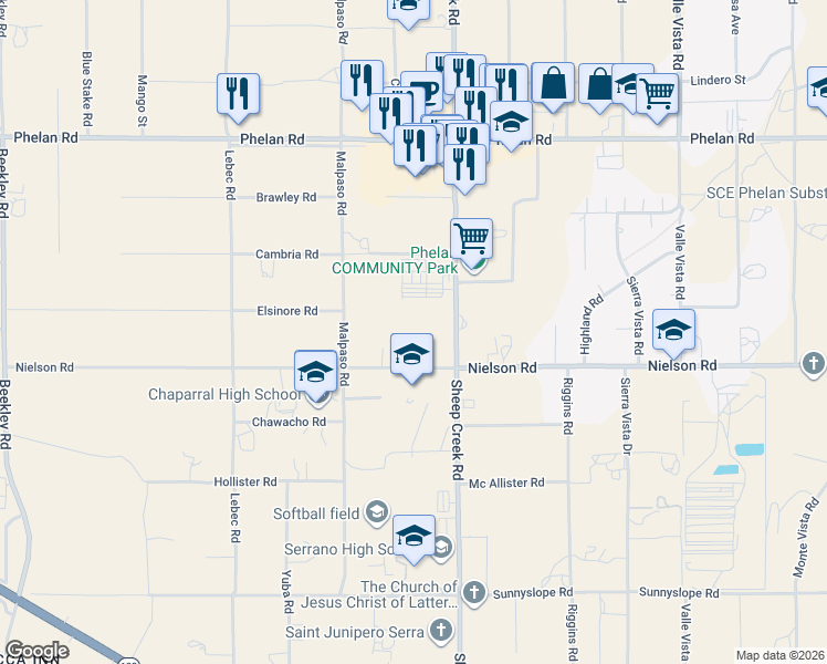 map of restaurants, bars, coffee shops, grocery stores, and more near in Phelan