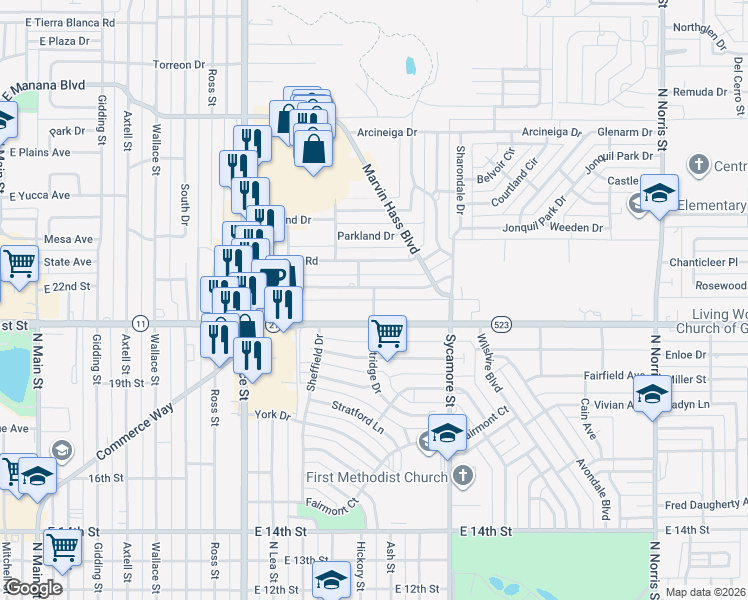map of restaurants, bars, coffee shops, grocery stores, and more near Eastridge Drive in Clovis