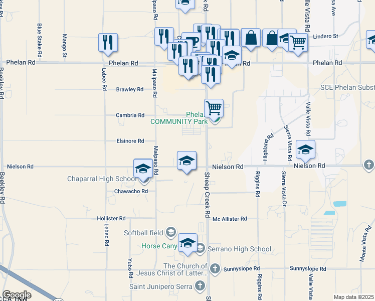 map of restaurants, bars, coffee shops, grocery stores, and more near 4044 Nielson Road in Phelan