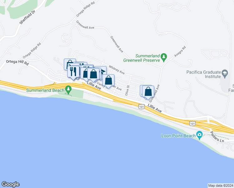 map of restaurants, bars, coffee shops, grocery stores, and more near 2460 Lillie Avenue in Summerland