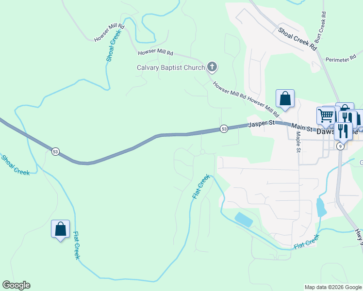 map of restaurants, bars, coffee shops, grocery stores, and more near 146 Gunier Circle in Dawsonville