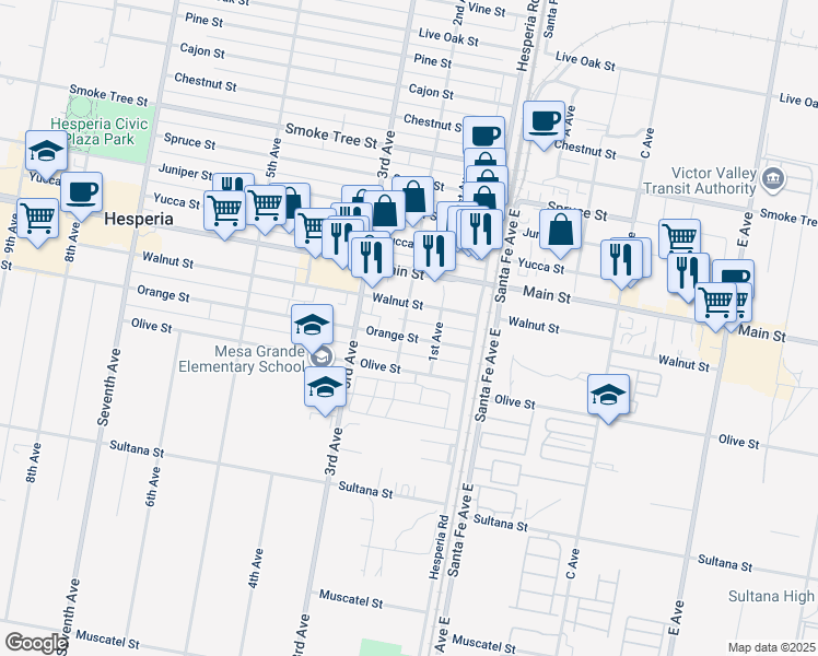 map of restaurants, bars, coffee shops, grocery stores, and more near 16429 Walnut Street in Hesperia