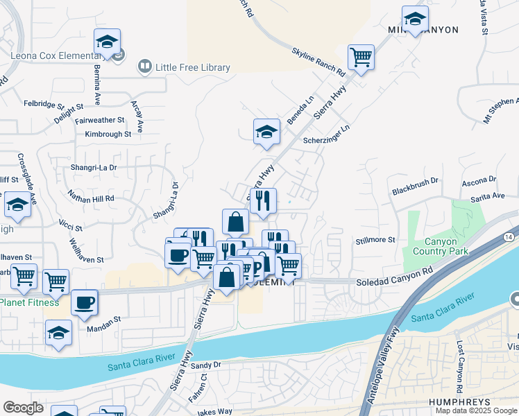 map of restaurants, bars, coffee shops, grocery stores, and more near in Santa Clarita