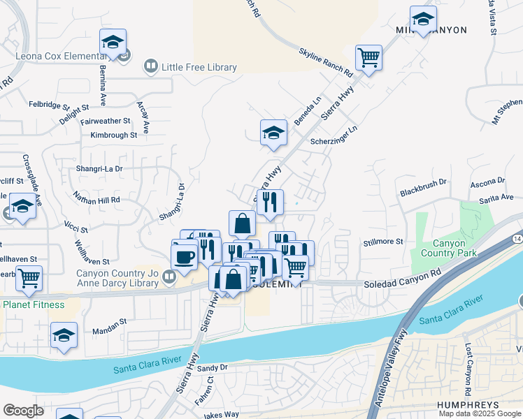 map of restaurants, bars, coffee shops, grocery stores, and more near in Santa Clarita